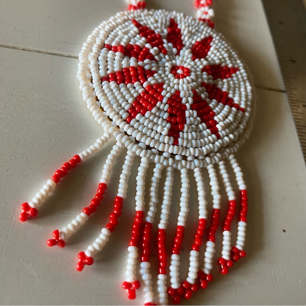 VTG Hand Made Folk Art BEADED Red White Necklace Leather Native Tribal